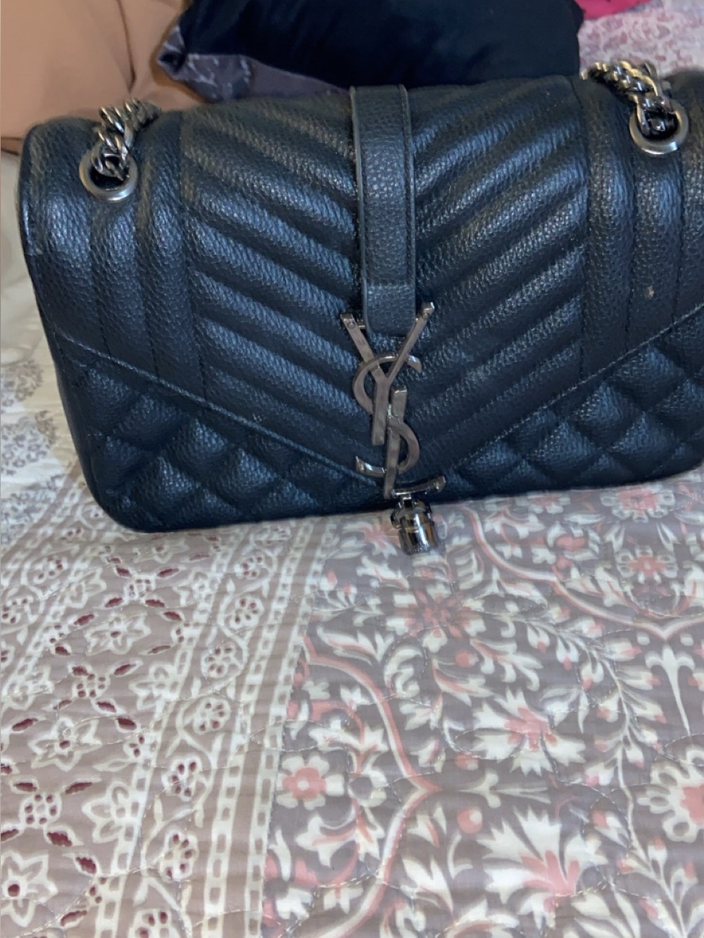 Saint Laurent Black Quilted Chevron Leather Shoulder Bag with YSL Lock
